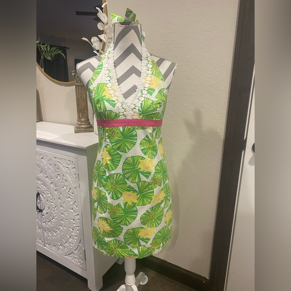 Lilly Pulitzer Dresses & Skirts - Lilly Pulitzer 4 Cocoa Lillypad Halter Dress Floral Green Yellow Crochet Trim